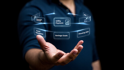 Person Interacting with a Hologram Showing Financial Services Options