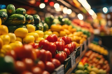 Price board under grocery lighting, artistic depth of field showing produce shapes in background