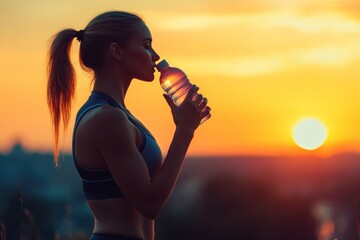 Post-workout hydration scene, fitness woman under glowing sunset