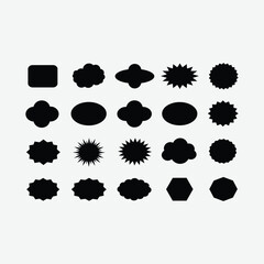 High-quality digital vector of 20 black silhouette shapes including stars, clouds, ovals, and hexagons. Perfect for design projects, logos, and minimalist artwork.
