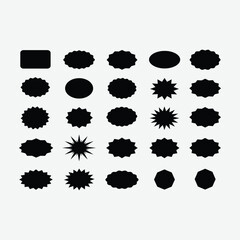 High-quality digital vector of 20 black silhouette shapes including stars, clouds, ovals, and hexagons. Perfect for design projects, logos, and minimalist artwork.