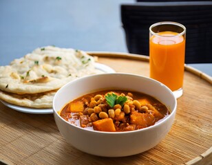Warm Chickpea Curry with Potato, Naan, and Mango Smoothie Plating