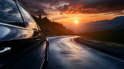 Scenic sunset drive mountain road luxury car