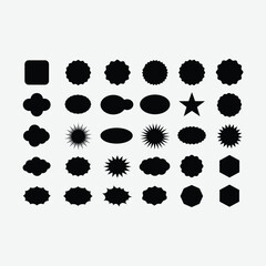 High-quality digital vector of 20 black silhouette shapes including stars, clouds, ovals, and hexagons. Perfect for design projects, logos, and minimalist artwork.