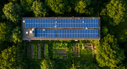 Eco cabin with rooftop solar panel nestled among forest canopy