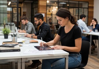 Creative Flow Freelance Graphic Designer Sketching in Coworking