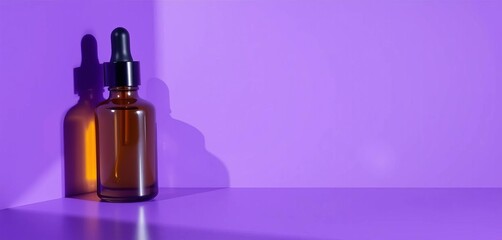 Purple backdrop showcases serum bottle, subtle shadow adds depth, contrast, organic