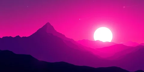 Selbstklebende Fototapeten Purple and pink futuristic mountain silhouette landscape with sun and stars ,  gradient,  technology © Pimchada