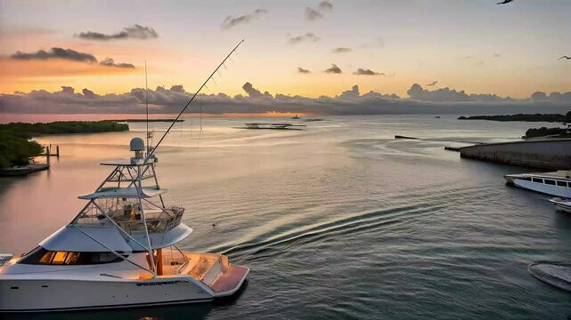 Sport vessel sways gently at dock during sunset, calm waters reflecting the fiery sky as seabirds glide overhead and waves whisper against its sturdy hull under a golden horizon Dynamic Camera