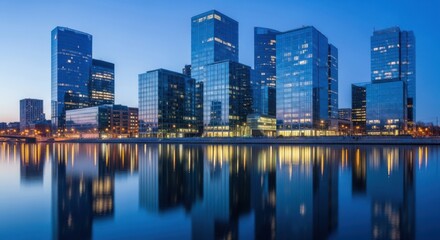 Night Cityscape Reflection on Smooth Water Surface