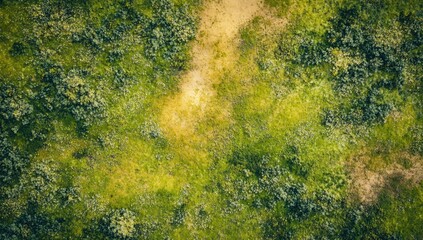 High-angle view of a grassy field with a light path