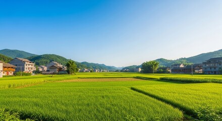 Rural Landscape of Lush Green Rice Paddy Fields