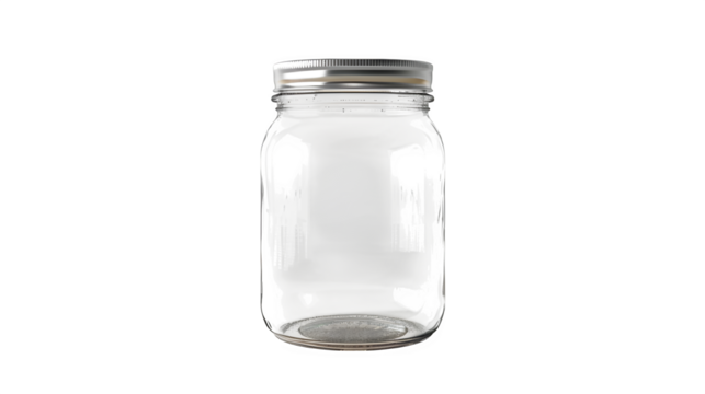 Empty glass mason jar with metal lid against a black background ideal for food product packaging design or mockup
