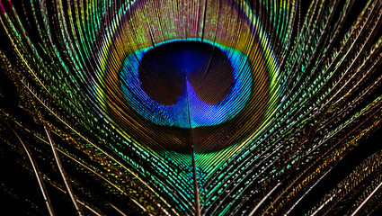 Obraz premium Vibrant Peacock Feather Close-up: Iridescent Colors and Intricate Details