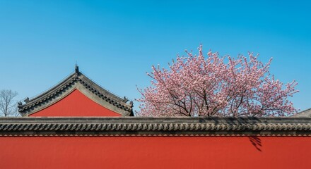 Obraz premium Traditional Chinese Architecture with Blooming Cherry Blossoms