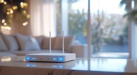 Home Internet Wi-Fi Router on Table. Wireless Connection for Nearby Devices