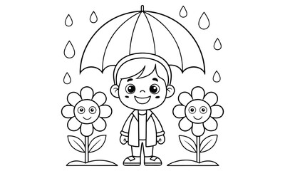 Happy child with umbrella and flowers coloring page isolated on white background