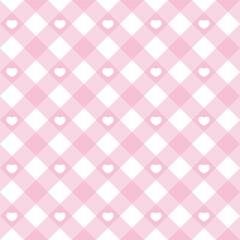 Gingham heart diagonal seamless pattern in pastel pink color. Vichy plaid design for Easter holiday textile decorative. Vector checkered pattern for fabric picnic blanket, tablecloth, dress, napkin.