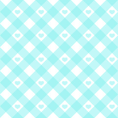 Gingham heart diagonal seamless pattern in blue pastel color. Vichy plaid design for Easter holiday textile decorative. Vector checkered pattern for fabric picnic blanket, tablecloth, dress, napkin.
