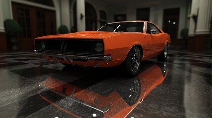 Classic orange muscle car parked indoors on glossy checkered floor with reflected surface and vintage building background