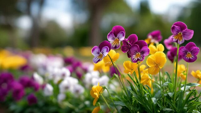 Colorful pansy flowers full bloom, featuring vibrant purple, yellow, and white petals, growing lush garden with green leaves and soft blurred background, creating cheerful spring atmosphere outdoors