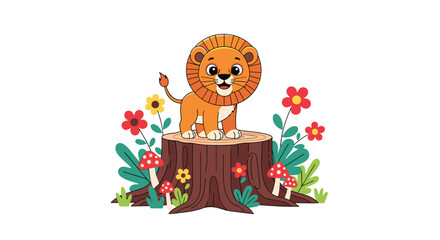 Delightful Cartoon Lion Cub Poses Atop A Tree Stump Amidst Blooming Flowers