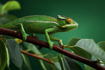Fototapeta premium green chameleon in bright green background