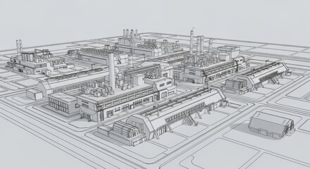 Industrial Complex Architectural Sketch on White Background