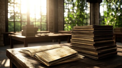 Vintage library desk illuminated by sunlight with tall stacks of books and open old volume
