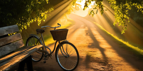 Obraz premium Sunlight Filtering Through Trees Onto Quiet Trail with Bike