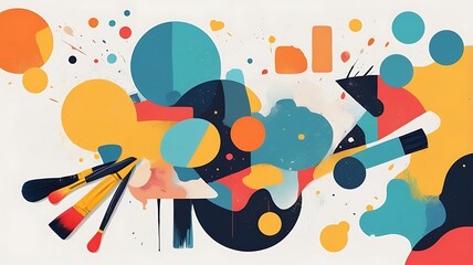 Abstract creativity-themed flat art with brushes, color splashes, and puzzle elements