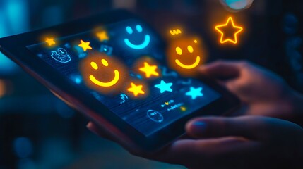 Person using tablet with glowing emojis and star ratings