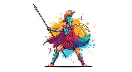 Colorful Digital Illustration of Ancient Spartan Warrior with Spear Shield and Vivid Backdrop