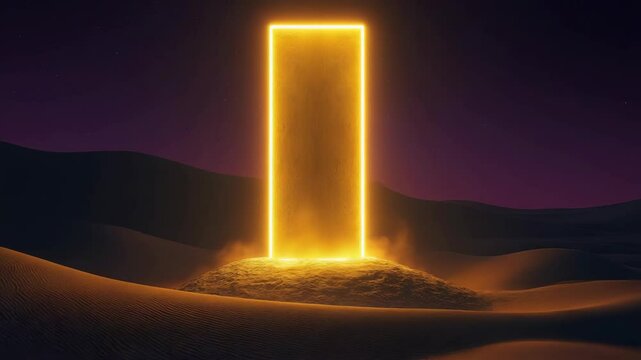 Glowing monolith emerging from sandy terrain at dusk.
