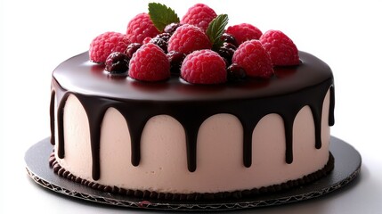 Delicious raspberry cake with chocolate drizzle for father s day. A delightful confection perfect gift dad a rich moist cake infused berry goodness topped decadent chocolate sauce ideal