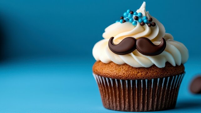 Father s Day Cupcake with Mustache Topper and Houndstooth Bow Tie on Rustic Wood Surface. Delicious homemade cupcake recipe perfect for a dad s special day featuring a charming mustache - Powered by Adobe