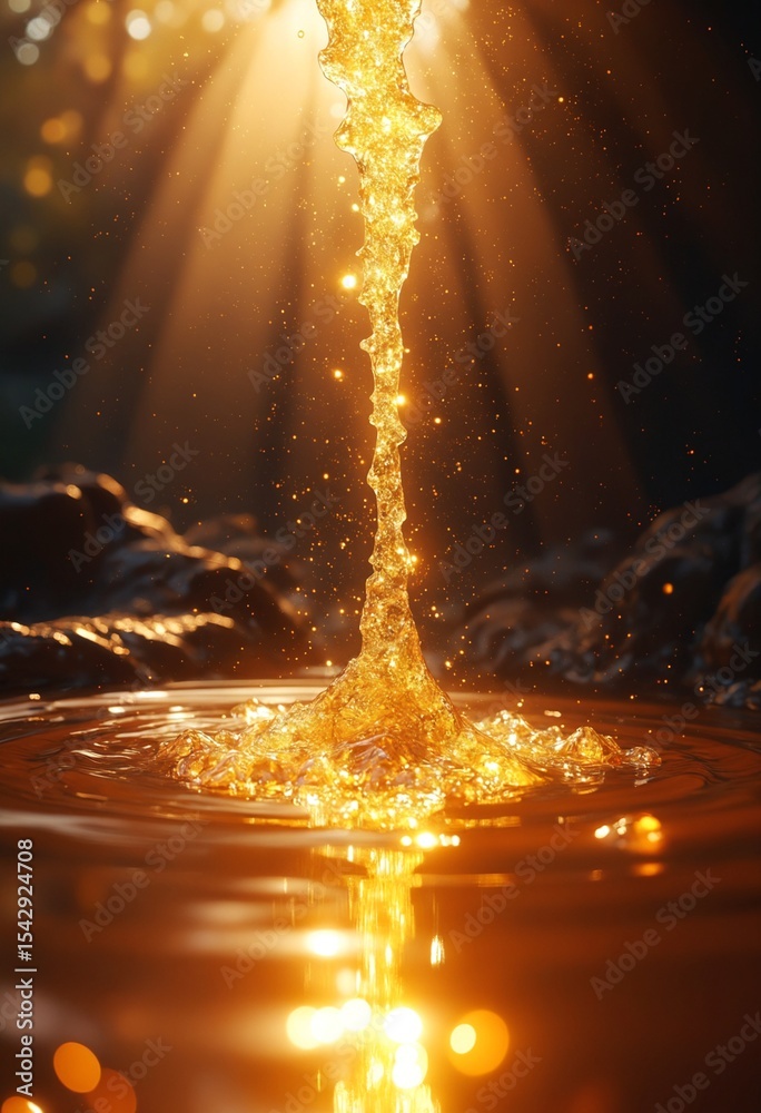 Poster luminous stream cascading into dark liquid surface, creating mesmerizing ripples and light