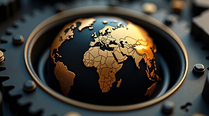 A metallic globe resting on dark gear, symbolizing global industry and innovation generative ai 3d image