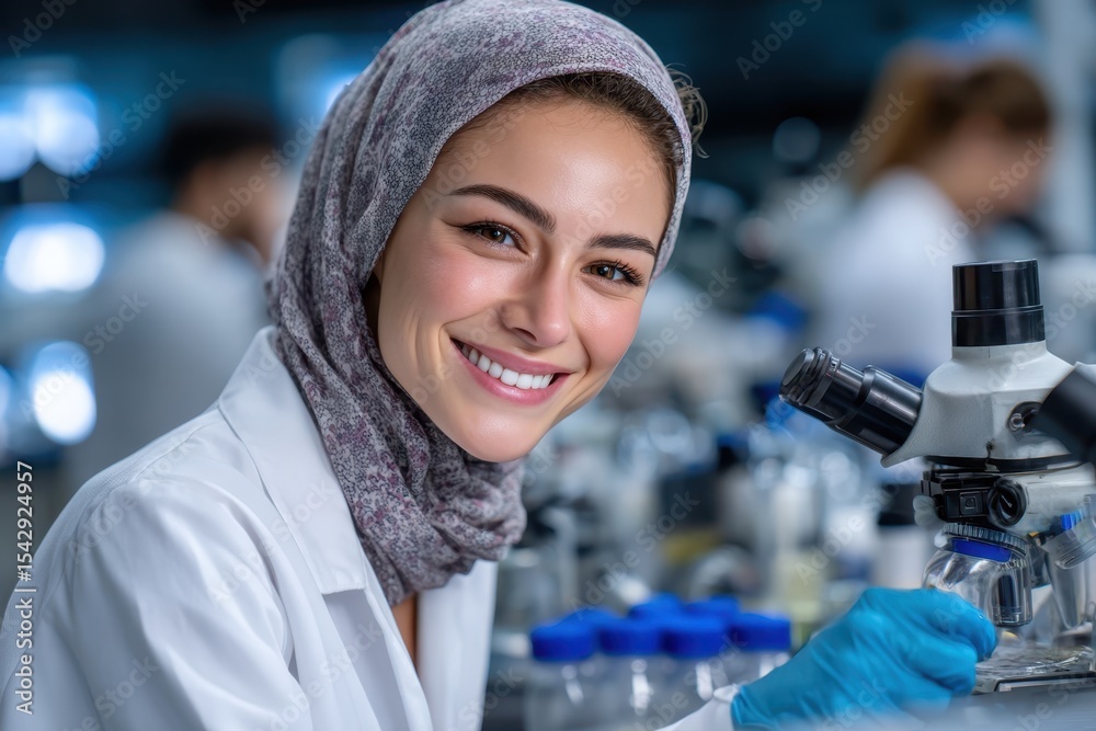 Poster smiling scientist in laboratory working with microscope and samples