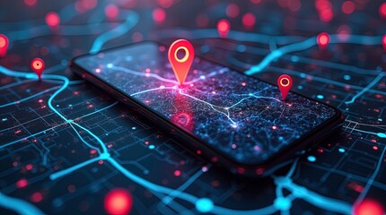 A modern digital city map displayed on a smartphone screen, featuring location pins indicating office buildings, set against a dark blue background with white street lines 3d render