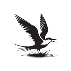 Graceful Tern Silhouette Vector Art – Sleek Seabird in Flight with Long Wings and Forked Tail, Minimal Black Outline for Coastal Themes, Nature Logos, and Marine Decor

