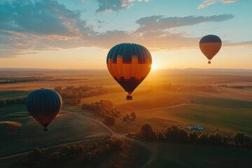 Obraz premium Cinematic sunrise with colorful hot air balloons floating over a serene landscape, Cinematic sunrise behind sky of hot air balloons wide, flying shot