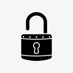 Open padlock icon in black silhouette style on white background representing security and access concepts

