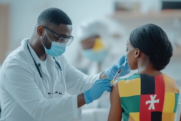 Health professional administers vaccine to patient with Ghana flag design on clothing in clinic setting, flag of ghana and numbers processing over caucasian male doctor vaccinating woman