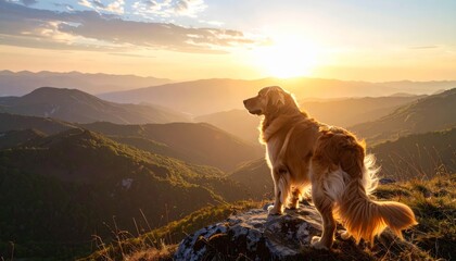 A majestic golden retriever stands on a mountaintop, watching a golden sunrise over misty valleys.