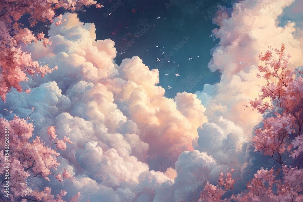 Poster majestic clouds and serene blossoms create a dreamlike atmosphere in a tranquil landscape, backgroun