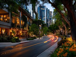 Naklejka premium City street twilight, urban landscape, evening drive