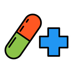 Flat icon of capsule and cross. This icon is ideal for use in healthcare apps, pharmacy websites, medical infographics, and drug-related educational materials.