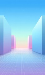 light blue and white color blocks with 3D rectangular grid elements, minimalist style, high resolution, symmetrical composition, front view, soft lighting, and a sense of space. 