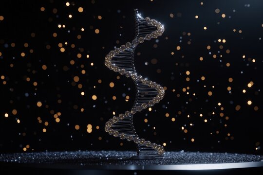 Exploring the intricate structure of DNA amidst data processing on a dark background, dna strand and data processing on black background
